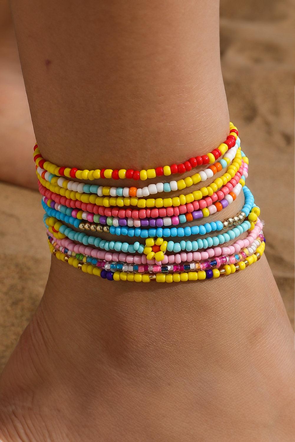 Yellow Flower Vibrant Color Multi Layered Beaded Anklet Set - L & M Kee, LLC