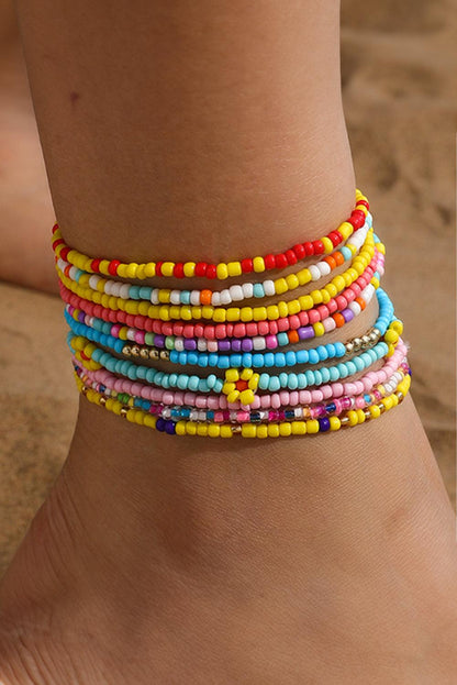 Yellow Flower Vibrant Color Multi Layered Beaded Anklet Set - L & M Kee, LLC