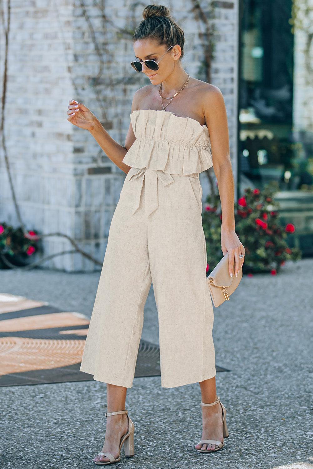 Beige Ruffled Strapless Wide Leg Jumpsuit - L & M Kee, LLC