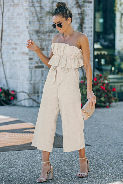 Beige Ruffled Strapless Wide Leg Jumpsuit - L & M Kee, LLC