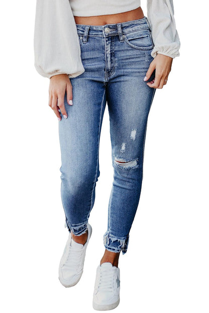 Light Blue Distressed Frayed Ankle Skinny Jeans - L & M Kee, LLC