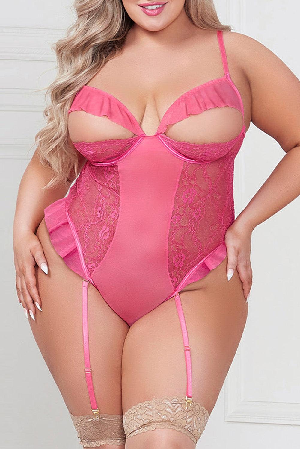 Pink Plus Size Lace Mesh Ruffle Peekaboo Teddy Lingerie - L & M Kee, LLC