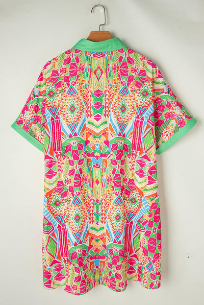 Orange Geometric Print Contrast Short Sleeve Shirt Dress - L & M Kee, LLC