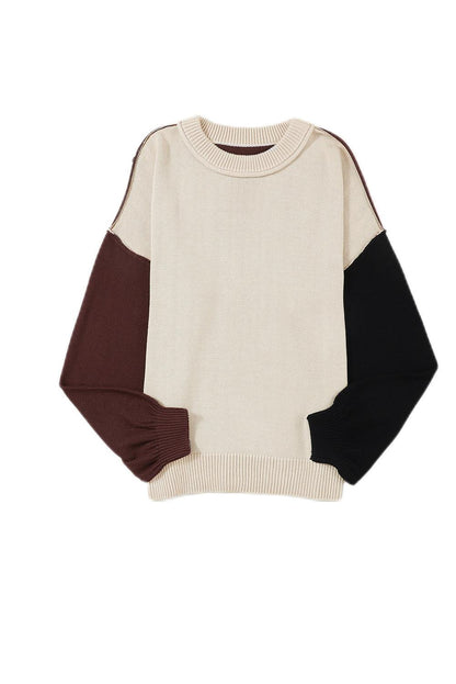 Coffee Colorblock Bishop Sleeve Ribbed Trim Sweater - L & M Kee, LLC