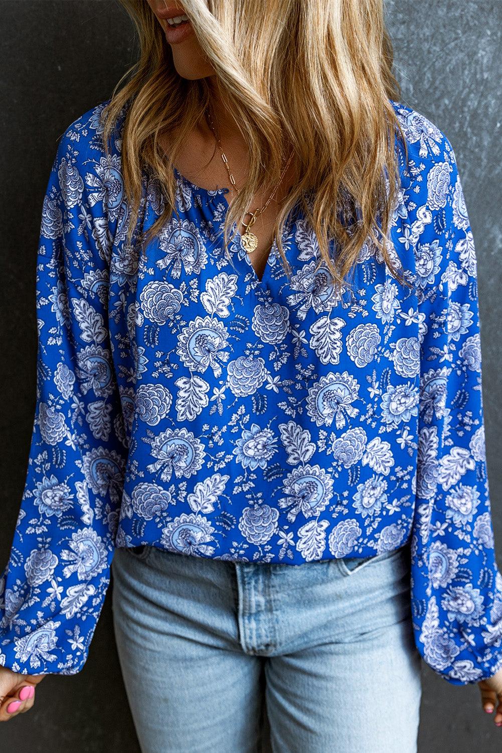 Blue Floral Notched V-Neck Long Sleeve Blouse - L & M Kee, LLC