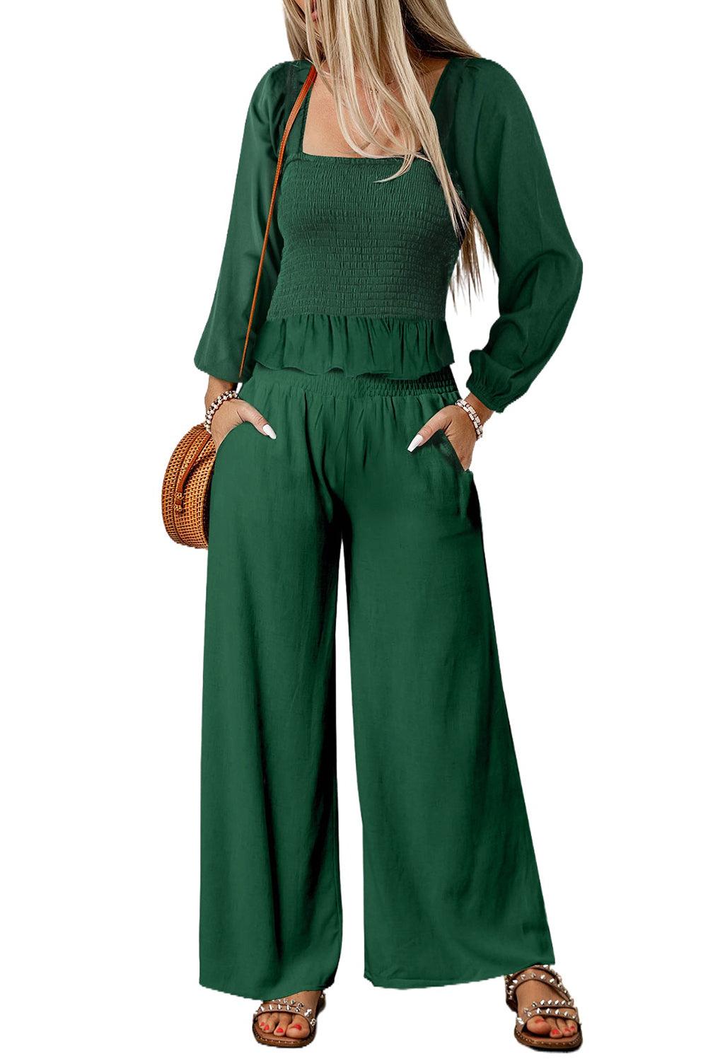 Green Square Neck Smocked Peplum Top and Pants Set - L & M Kee, LLC