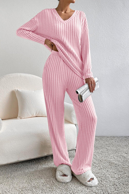 Light Pink Ribbed Knit V Neck Slouchy Two-piece Outfit - L & M Kee, LLC