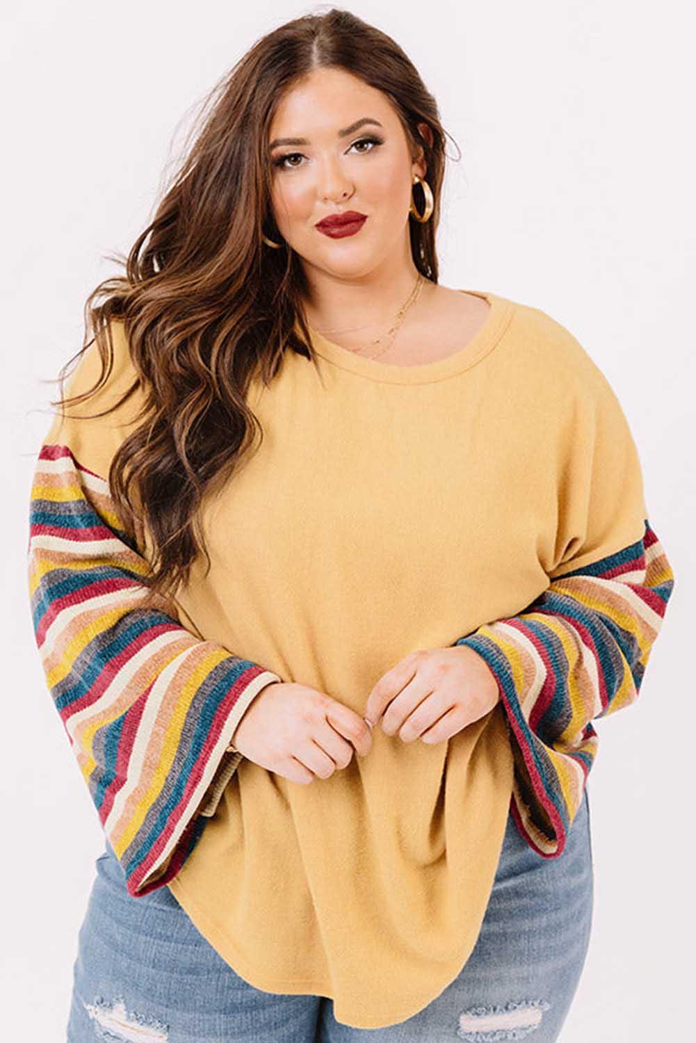 Yellow Serape Striped Bell Sleeve Plus Size Top - L & M Kee, LLC