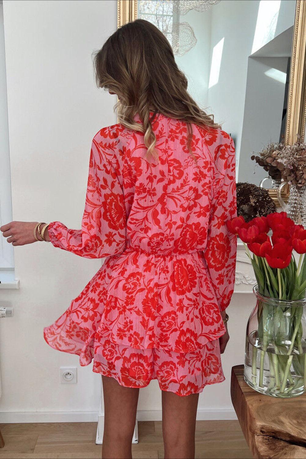 Red Floral Ruffle Layered Puff Sleeve Surplice Dress - L & M Kee, LLC