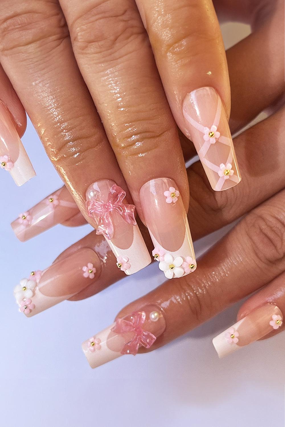 Light Pink French Floral Bowknot Nail Sticker Set - L & M Kee, LLC