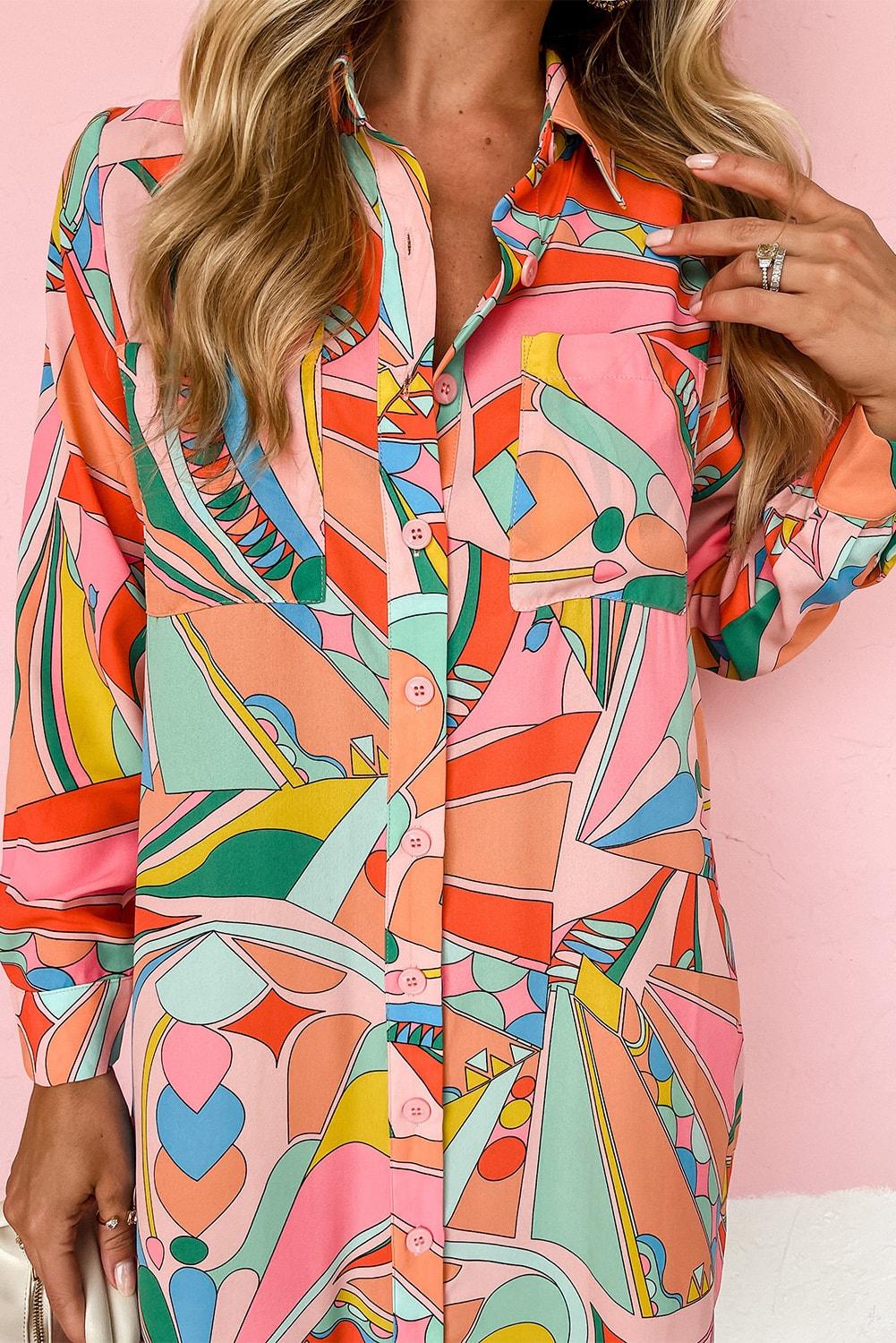 Multicolor Geometric Abstract Print Long Sleeve Shirt Dress - L & M Kee, LLC