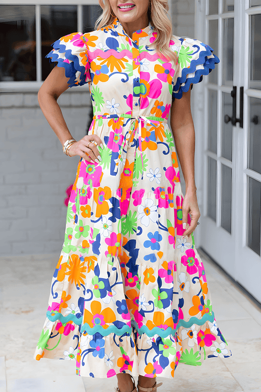 Pink Ricrac Trim Flutter Sleeve Buttoned Floral Maxi Dress - L & M Kee, LLC