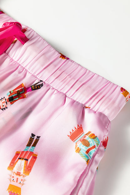 Pink Nutcracker Print Contrast Trim Tied up Bow Silky 2pcs Pajama Set