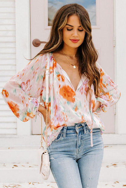 Multicolor Abstract Print Split Neck Puff Sleeve Blouse - L & M Kee, LLC