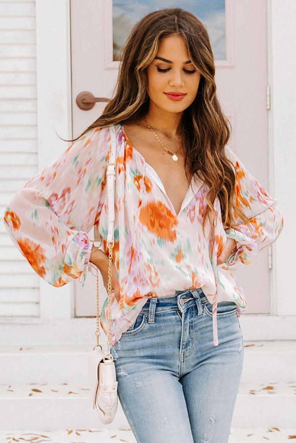 Multicolor Abstract Print Split Neck Puff Sleeve Blouse - L & M Kee, LLC