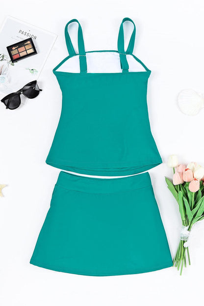 Green Solid Square Neck Sleeveless Tankini Swimsuit - L & M Kee, LLC