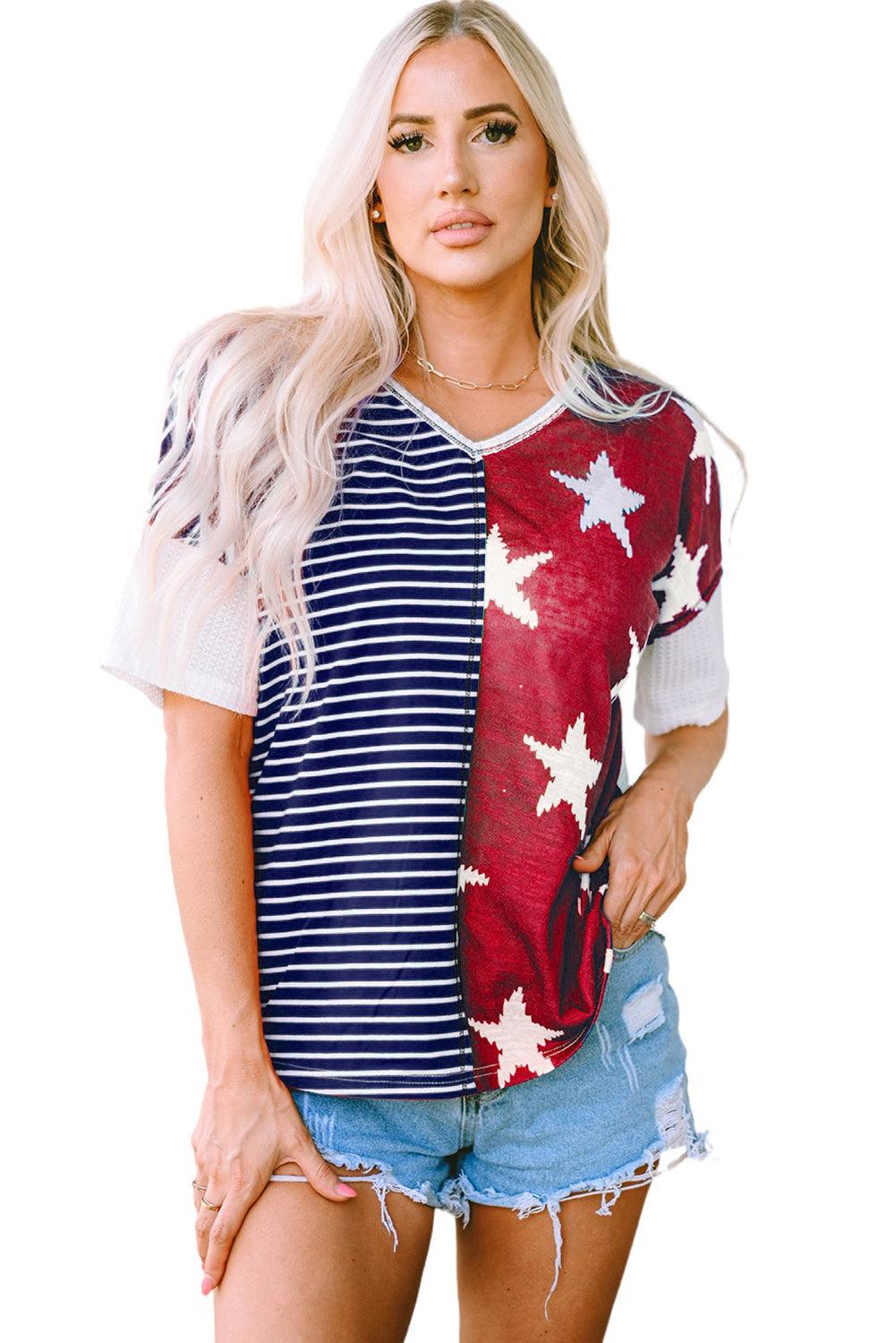 Multicolor Stripes Stars Print Knit Short Sleeves Top - L & M Kee, LLC