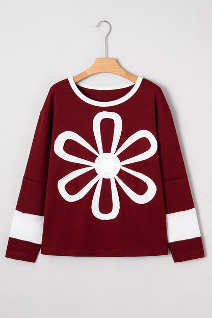 Red Dahlia Cheerful Daisy Flower Patched Round Neck Long Sleeve Top