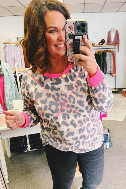 Leopard Contrast Trim Cross-Seam Plus Size Long Sleeve Top - L & M Kee, LLC