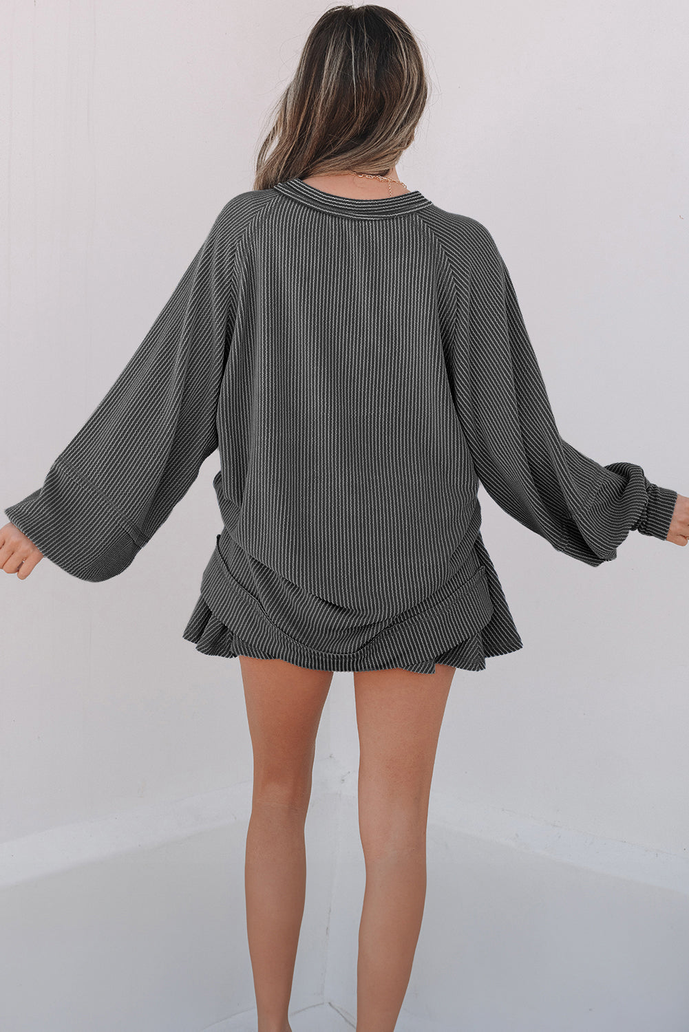 Dark Grey Corded Lantern Sleeve Top High Waist Ruffled Mini Skirt Set