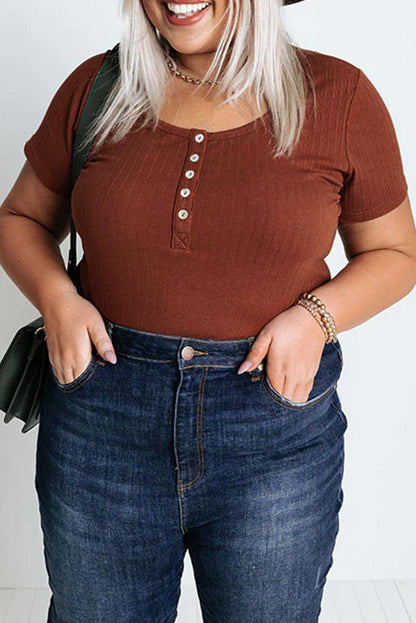 Chestnut Plus Size Ribbed Knit Henley Tee - L & M Kee, LLC