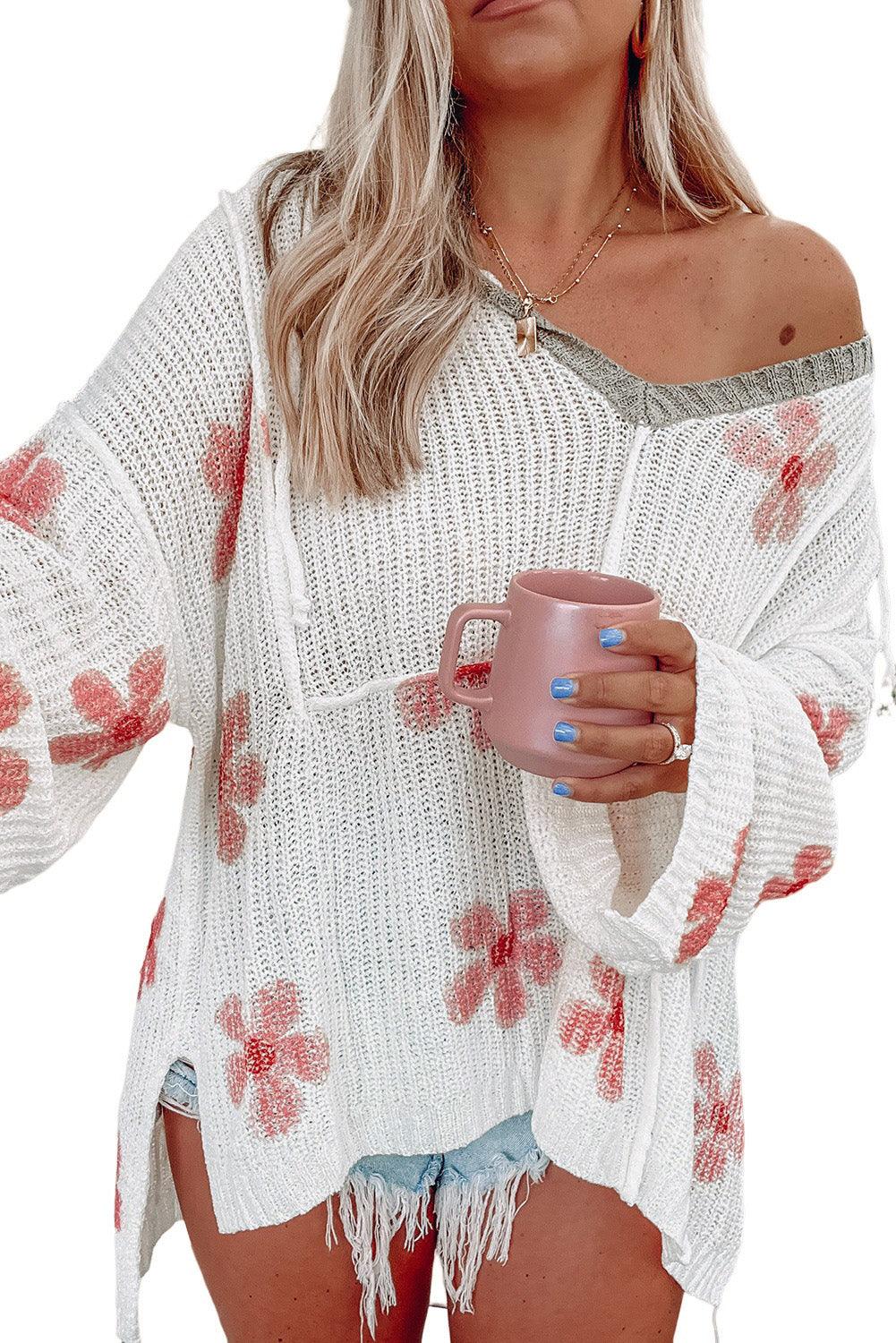 White Floral Print Lightweight Knit Hooded Sweater - L & M Kee, LLC
