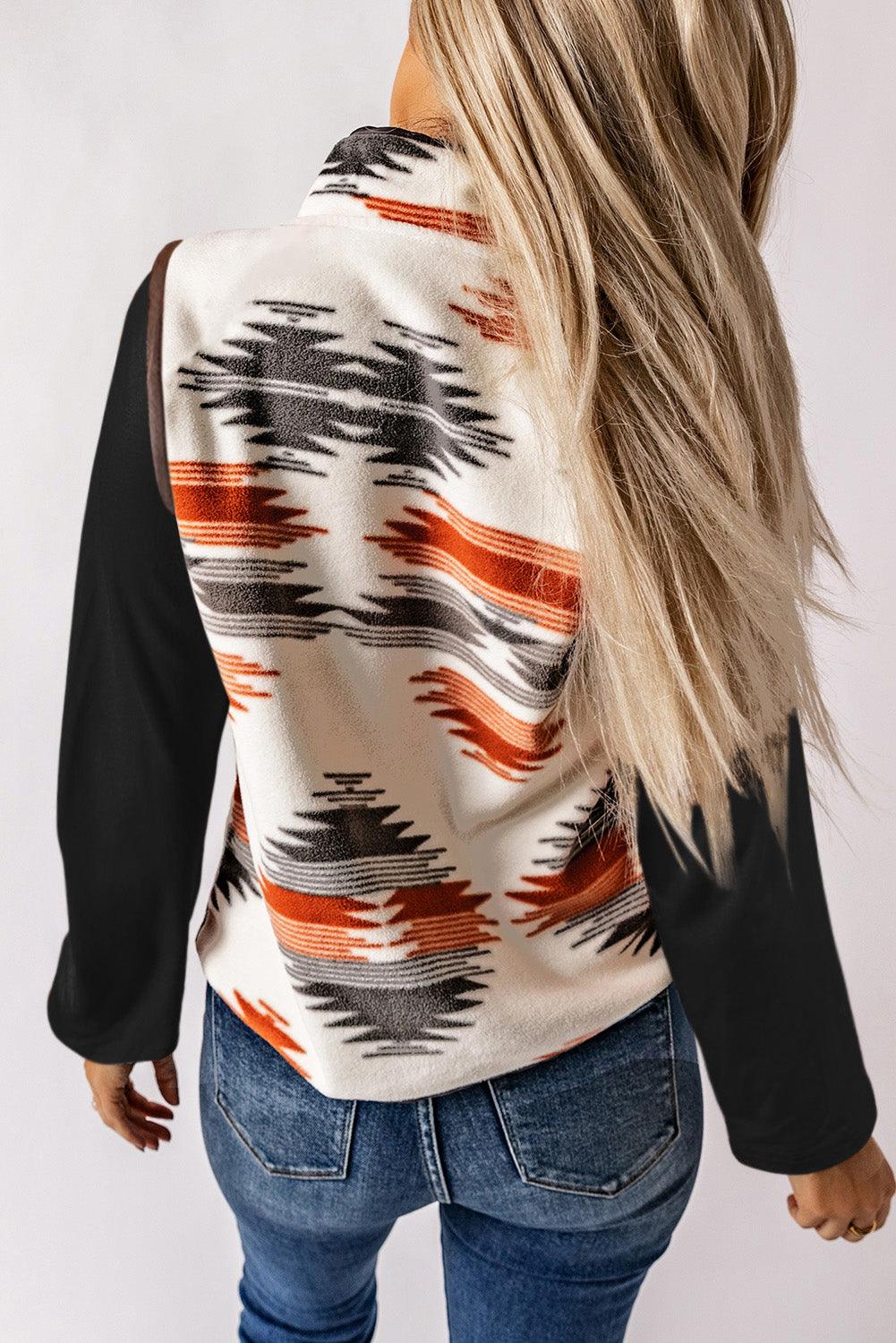 Multicolour Aztec Fleece Patchwork Snap Button Jacket - L & M Kee, LLC