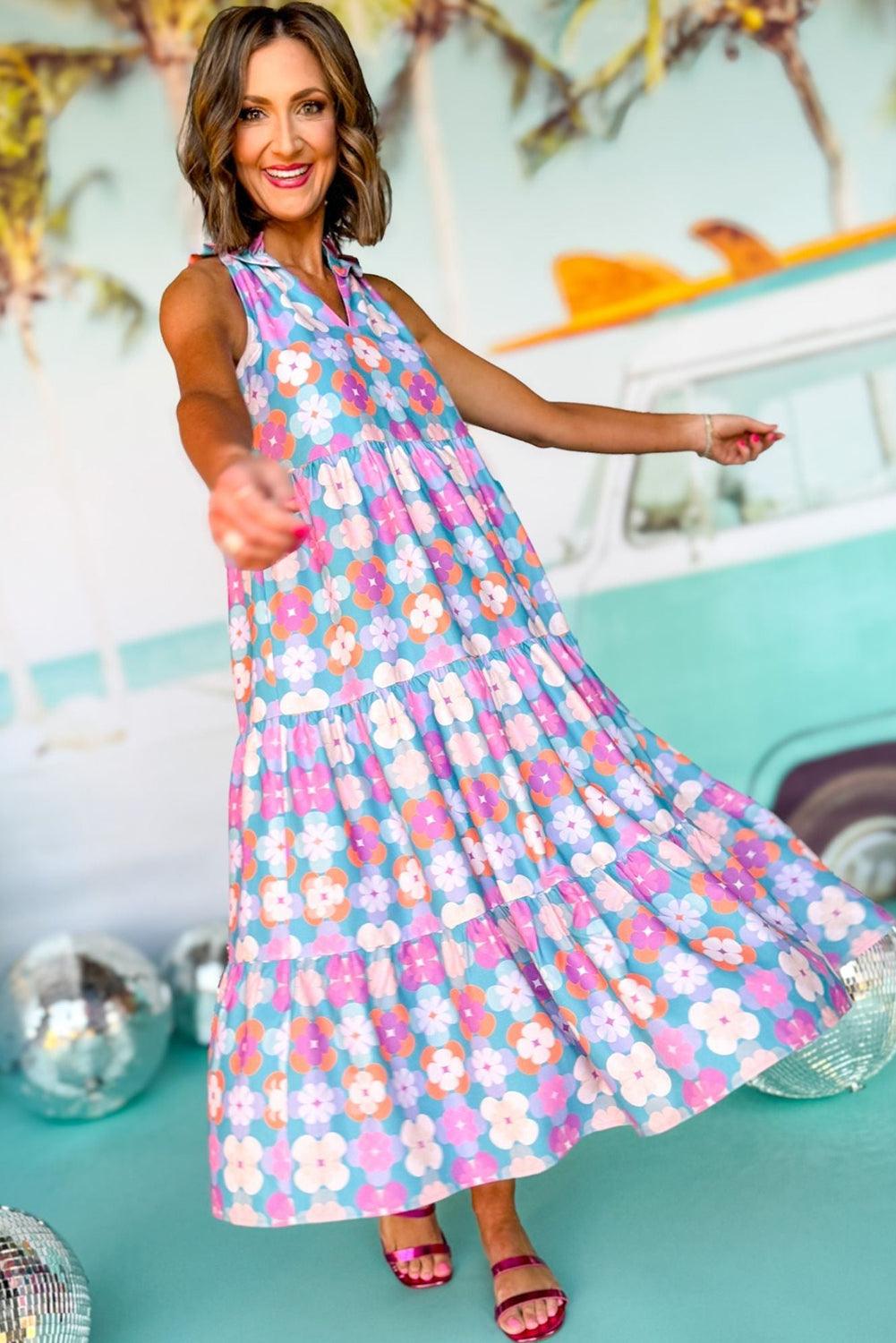 Sky Blue Floral Print Frilly Neck Sleeveless Tiered Maxi Dress - L & M Kee, LLC