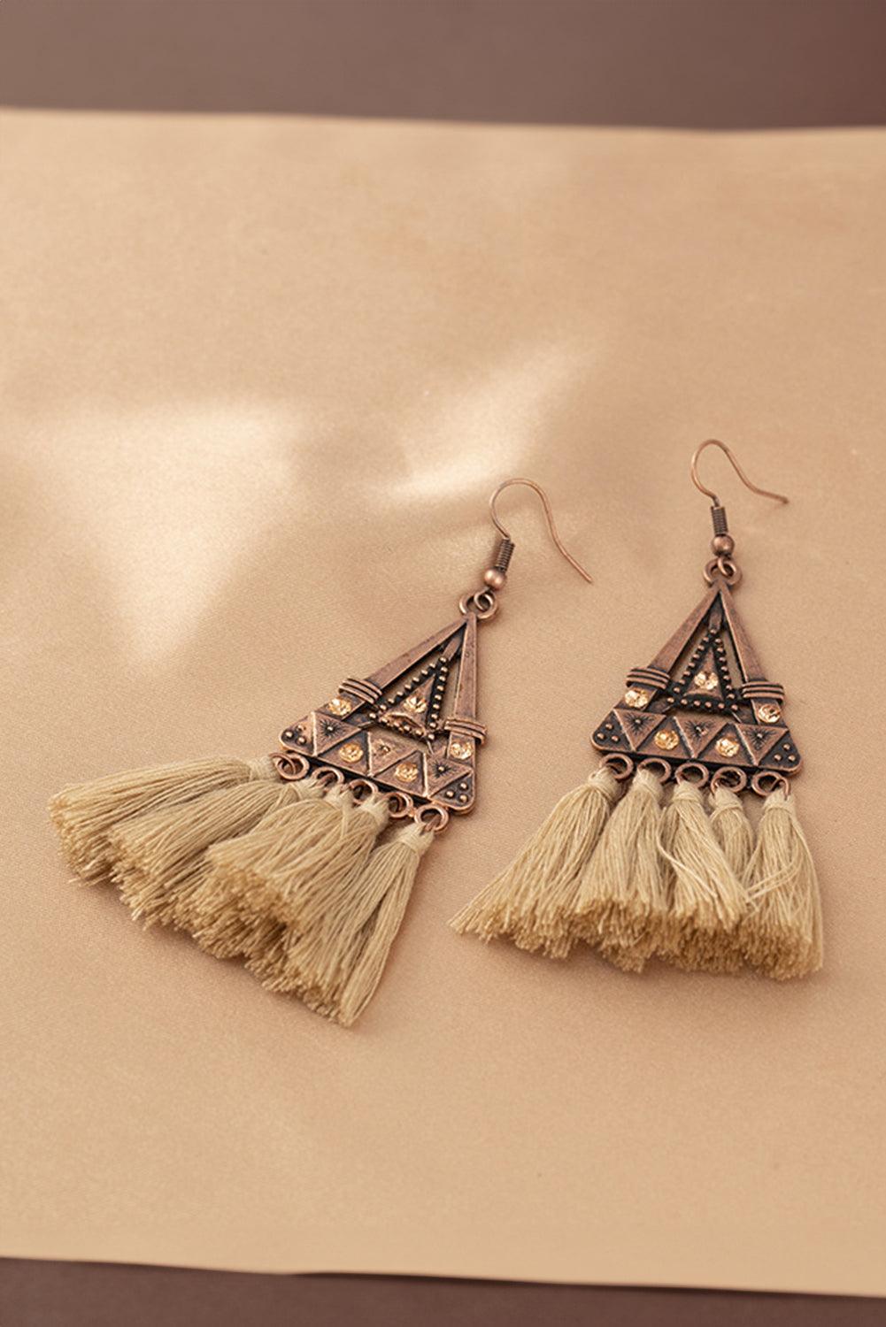 Brown Boho Triangle Metal Tasseled Earrings