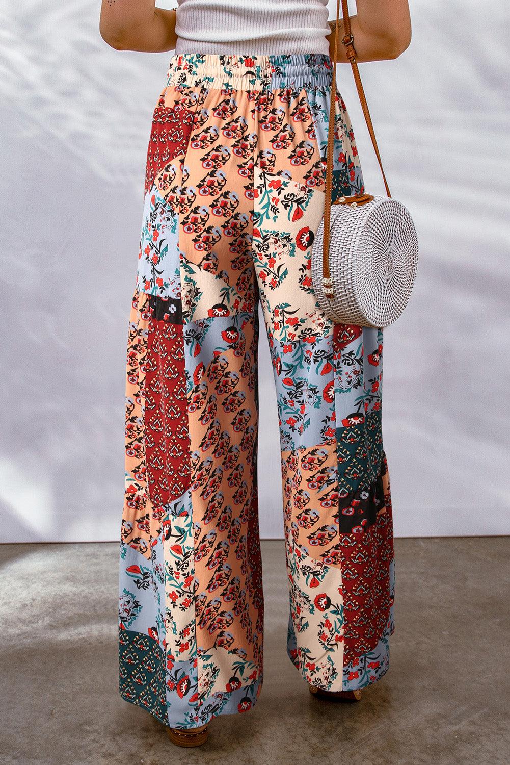 Multicolor Boho Patchwork Print Drawstring Wide Leg Pants - L & M Kee, LLC