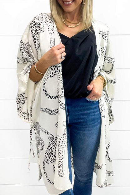 White Cheetah Print Loose Fit Open Front Kimono - L & M Kee, LLC