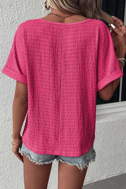 Bright Pink Textured Rolled Short Sleeve V Neck Blouse - L & M Kee, LLC