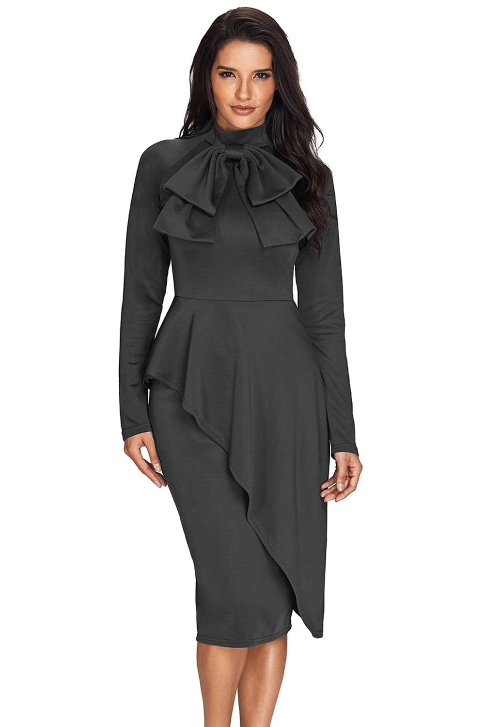 Grey Asymmetric Peplum Style Pussy Bow Dress - L & M Kee, LLC