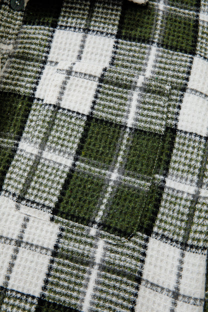 Black Plaid Print Textured Knit Buttoned Shacket