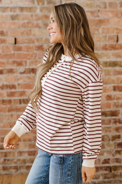 Red Dahlia Striped Print Drop Shoulder Long Sleeve Henley Top