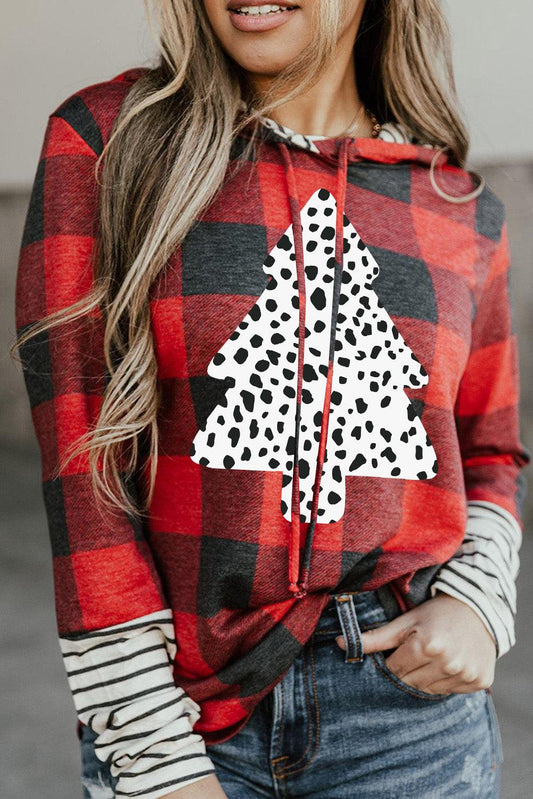 Red Plaid Patch Sleeve Leopard Christmas Tree Graphic Hoodie - L & M Kee, LLC