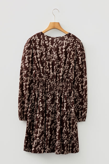 Brown Ditsy Floral Print Split Neck Long Sleeve Shirred Waist Flared Mini Dress