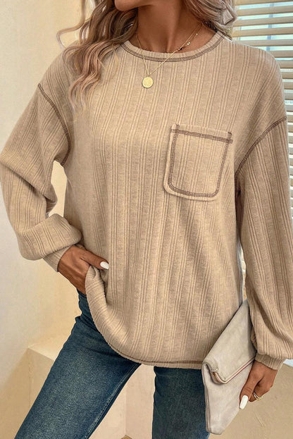 Pale Khaki Loose Exposed Stitching Textured Knit Top - L & M Kee, LLC