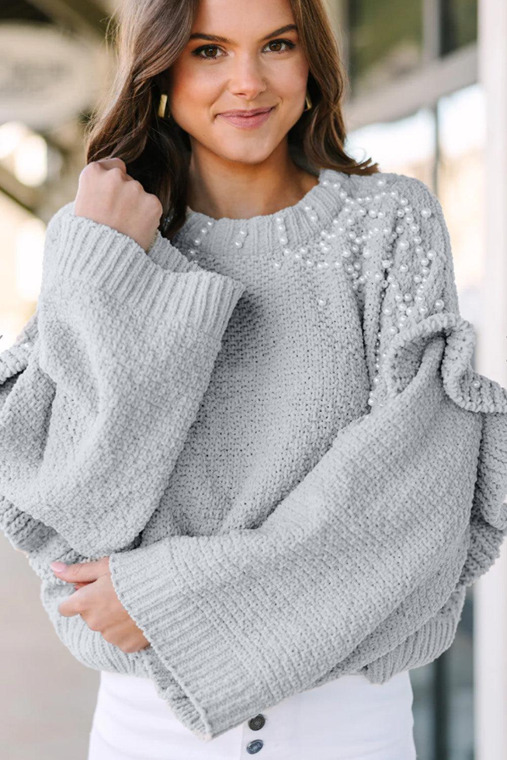 Gray Pearl Embellished Ruffle Wide Sleeve Sweater - L & M Kee, LLC