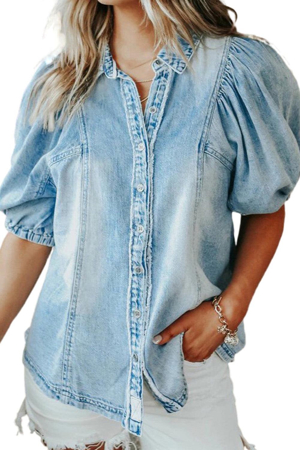 Distressed Bubble Sleeve Denim Shirt - L & M Kee, LLC