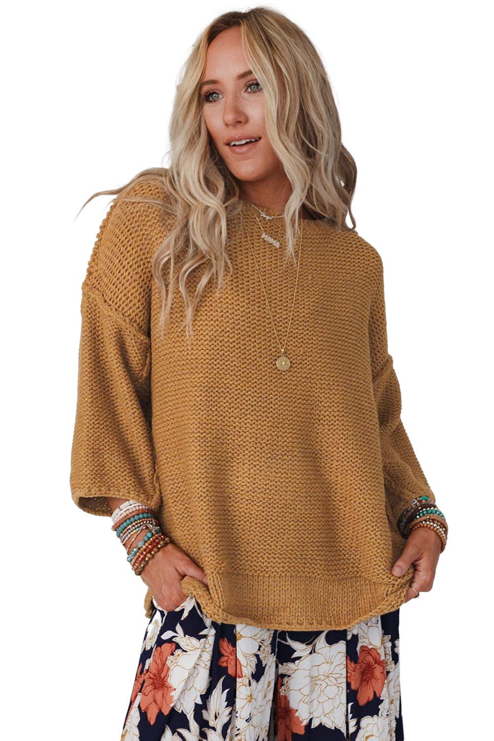 Beige Slouchy Textured Knit Loose Sweater - L & M Kee, LLC