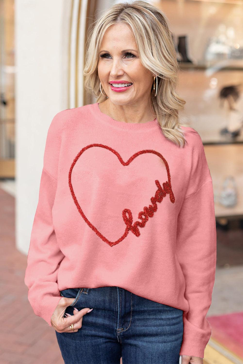 Pink Howdy Heart Graphic Round Neck Casual Sweater - L & M Kee, LLC