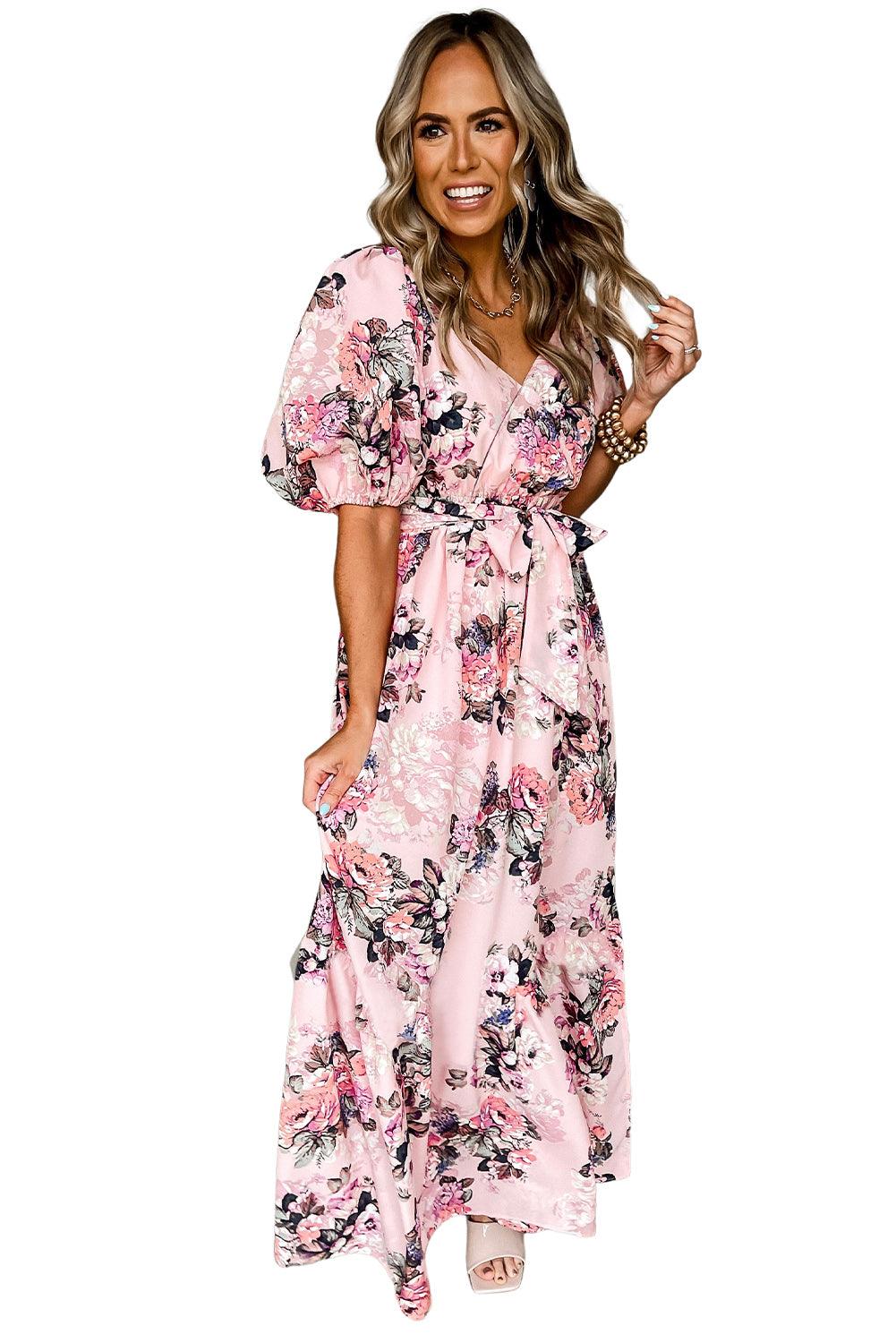 Floral Puff Sleeve High Waist Maxi Dress - L & M Kee, LLC