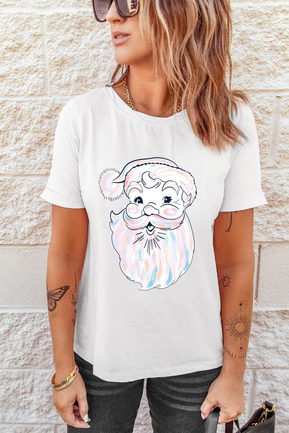 White Cute Santa Claus Graphic Casual Tee - L & M Kee, LLC