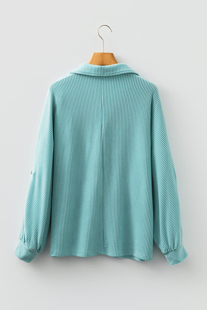 Light Blue Oversized Twist Ribbed Collared Henley Top with Roll up Sleeve