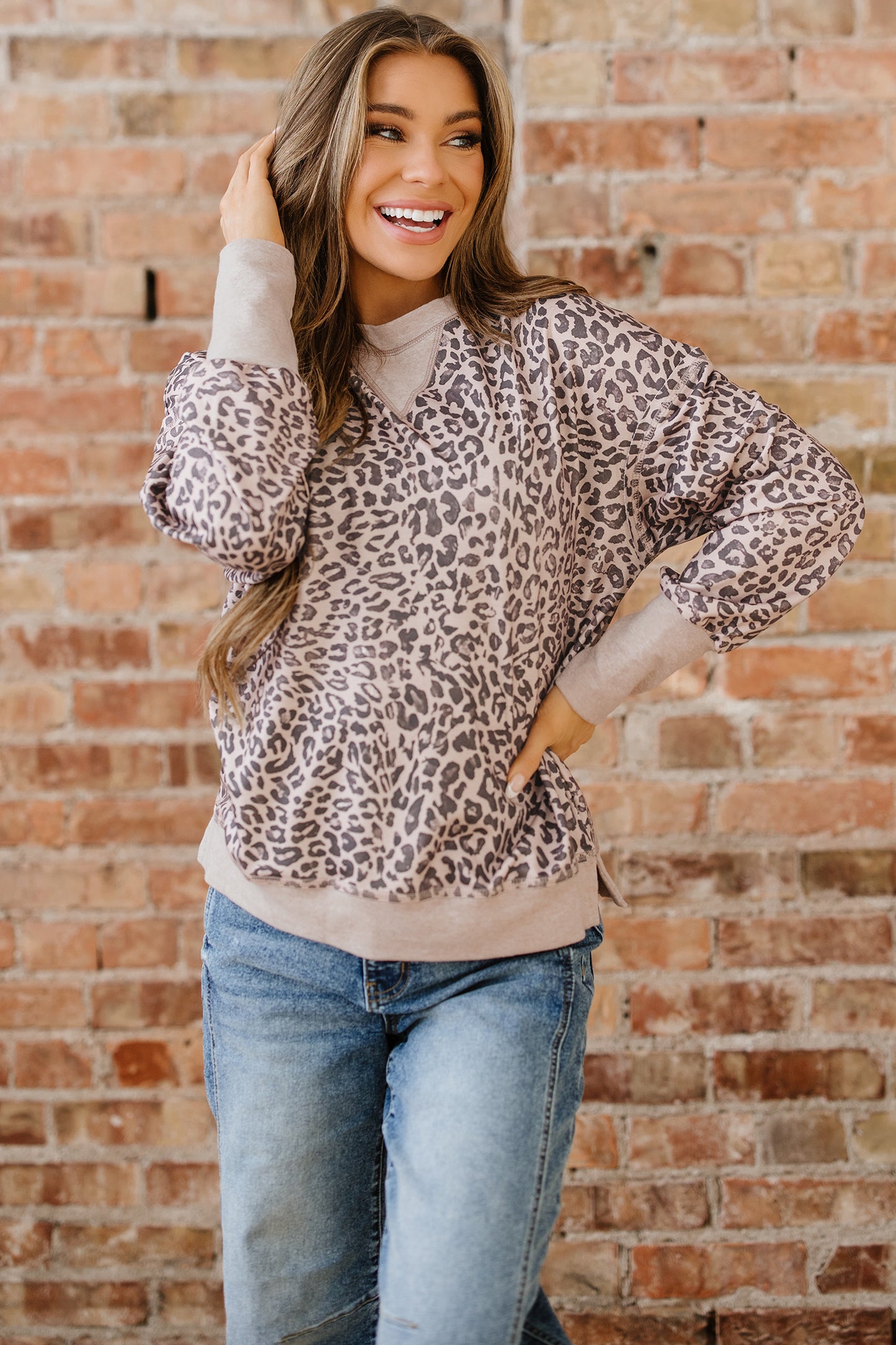 Pink Leopard Print Patchwork Crew Neck Sweatshirt