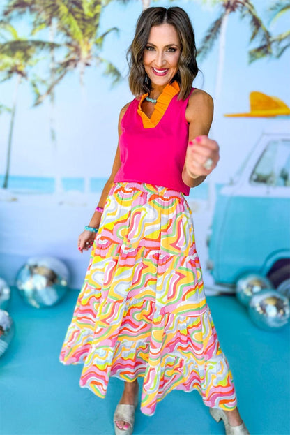 Pink Abstract Print Tiered Flowy Maxi Skirt - L & M Kee, LLC