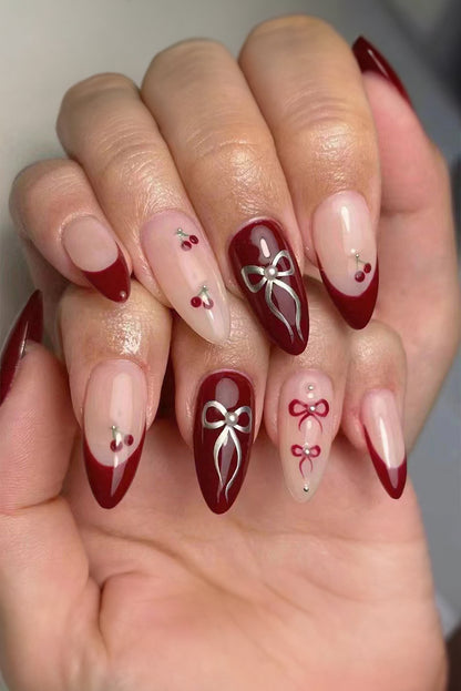 Racing Red Bow Cherry Pearled Almond Shape Nail Stickers with Jelly Glue