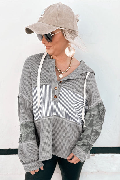 Gray Waffle Printed Patchwork Drawstring Hooded Long Sleeve Top