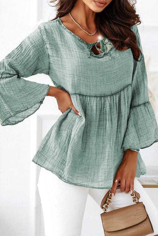 Green Crinkle Lace Up Round Neck Bell Sleeve Blouse - L & M Kee, LLC